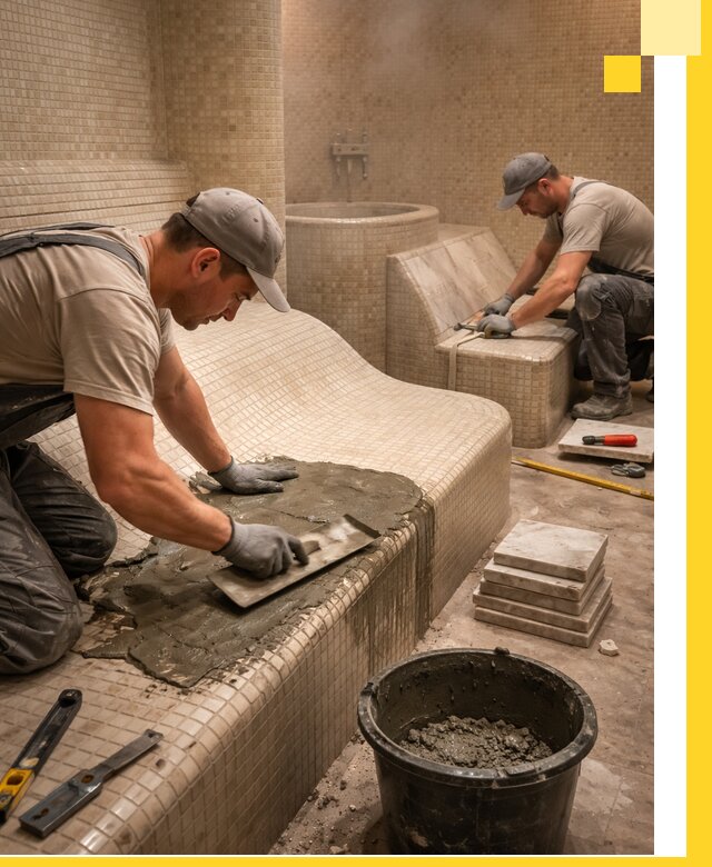 Лежаки для хамама под ключ в Апатитах, проект и монтаж