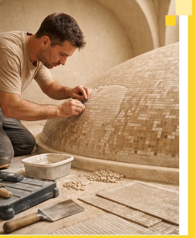 Профессиональная укладка мозаики для хамама под ключ в Апатитах